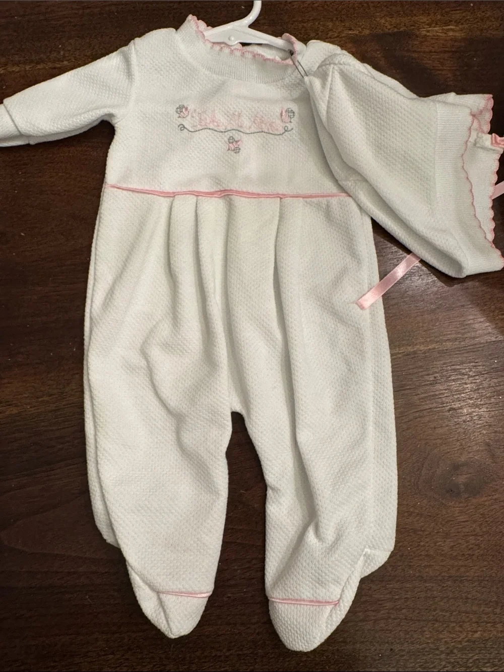 “Take me Home” newborn White and Pink Baby One-Piece with Bonnet